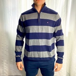 Men’s Tommy Hilfiger‎ Sweater Gray & Blue Striped Long Sleeve 1/4 zip Size Large